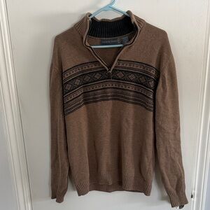 Oscar De La Renta Men's Brown Zip-Up Sweater with Black Pattern